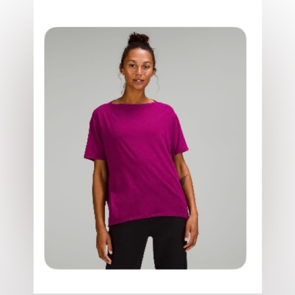 Lululemon Back In Acton Short Sleeve Shirt - Size 14, Color is Magenta Purple